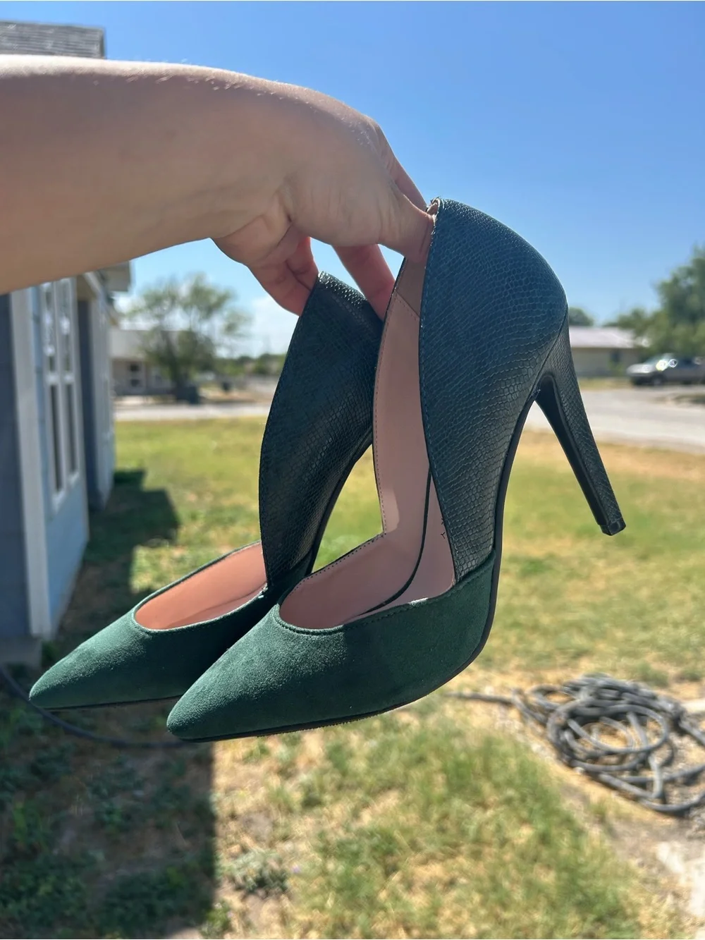 Snake Skin & Suede Dark Green Pointed-Toe Stiletto Pumps